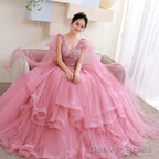 Pink Tulle Sweet 16 Prom Dress With Lace Applique Prom Dress, Pink Quinceanera Dresses