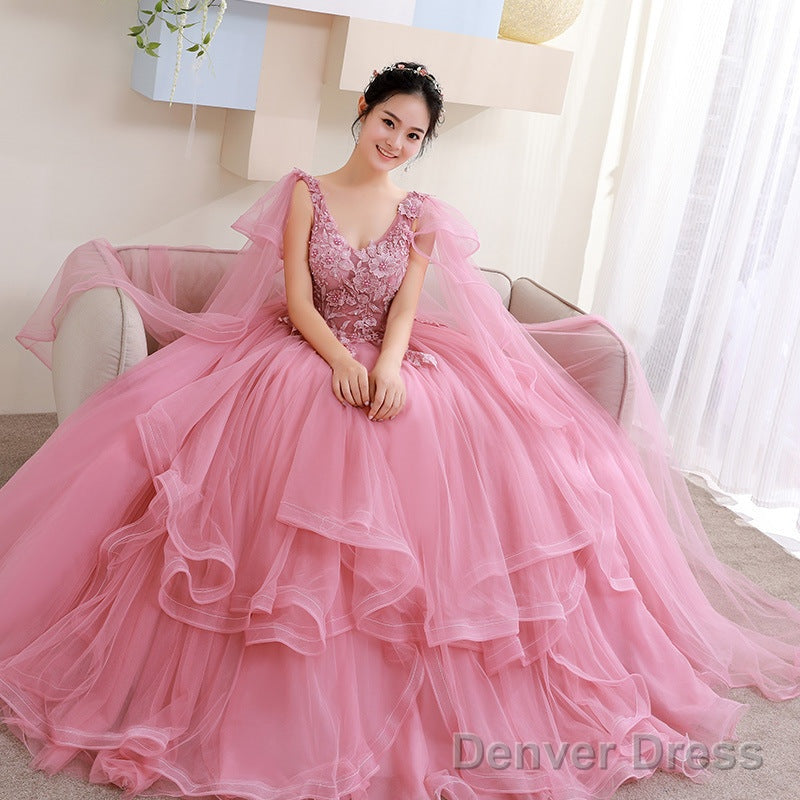 Pink Tulle Sweet 16 Prom Dress With Lace Applique Prom Dress, Pink Quinceanera Dresses