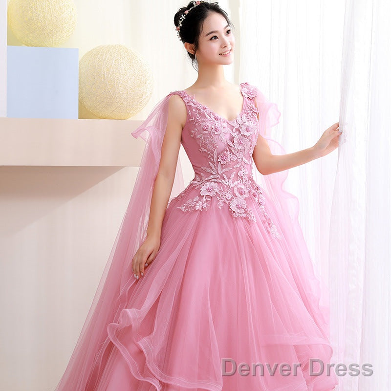 Pink Tulle Sweet 16 Prom Dress With Lace Applique Prom Dress, Pink Quinceanera Dresses