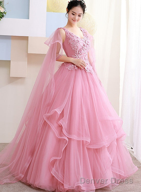 Pink Tulle Sweet 16 Prom Dress With Lace Applique Prom Dress, Pink Quinceanera Dresses Main image
