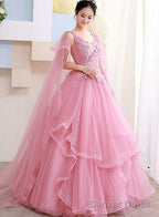 Pink Tulle Sweet 16 Prom Dress With Lace Applique Prom Dress, Pink Quinceanera Dresses