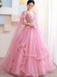 Pink Tulle Sweet 16 Prom Dress With Lace Applique Prom Dress, Pink Quinceanera Dresses