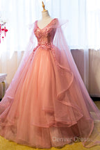Pink Tulle Sweet 16 Prom Dresses With Lace Applique, Long Prom Gowns
