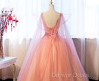 Pink Tulle Sweet 16 Party Dresses With Lace Applique, Long Formal Gown