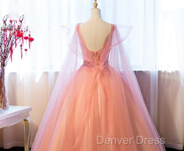 Pink Tulle Sweet 16 Party Dresses With Lace Applique, Long Formal Gown