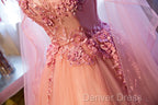 Pink Tulle Sweet 16 Party Dresses With Lace Applique, Long Formal Gown
