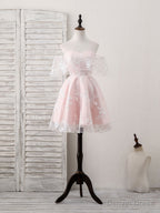 Pink Tulle Sweetheart Lace Short Prom Dress, Pink Homecoming Dresses