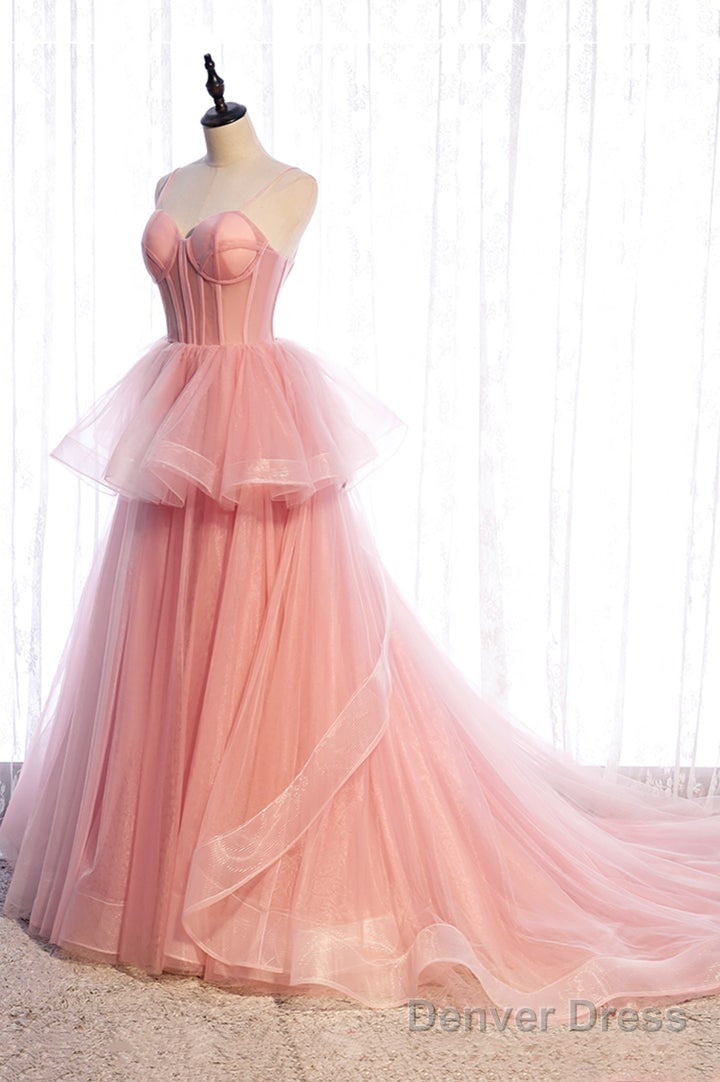 Pink Tulle Sweetheart Straps Long Formal Dresses, Pink Layers Party Dresses