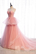 Pink Tulle Sweetheart Straps Long Prom Dress, Pink Layers Prom Dresses