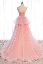 Pink Tulle Sweetheart Straps Long Prom Dress, Pink Layers Prom Dresses
