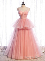 Pink Tulle Sweetheart Straps Long Prom Dress, Pink Layers Prom Dresses