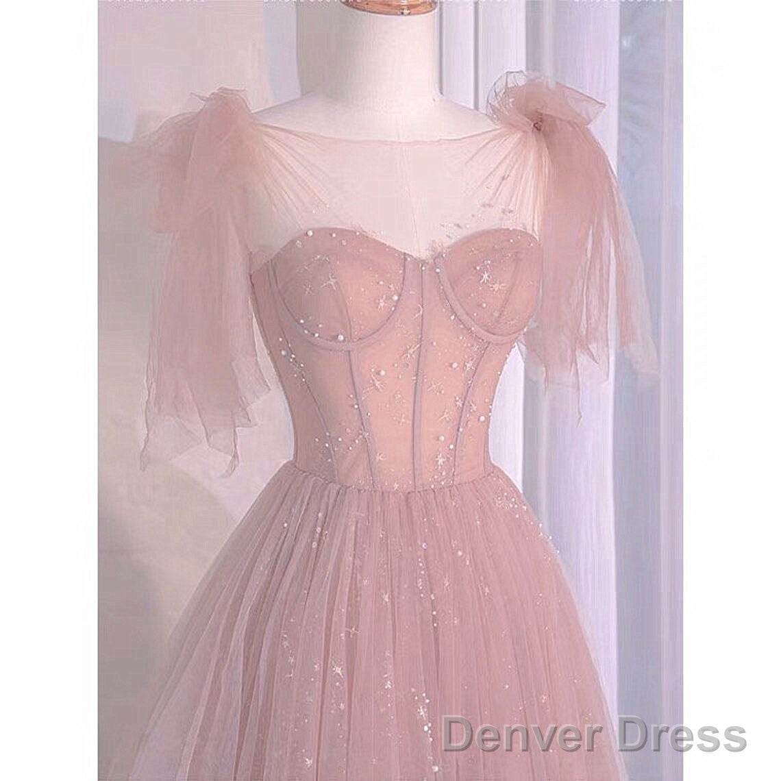 Pink Tulle Sweetheart Tulle With Pearls A-Line Prom Dress, Pink Long Evening Dress Secondary image