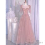 Pink Tulle Sweetheart Tulle With Pearls A-Line Prom Dress, Pink Long Evening Dress