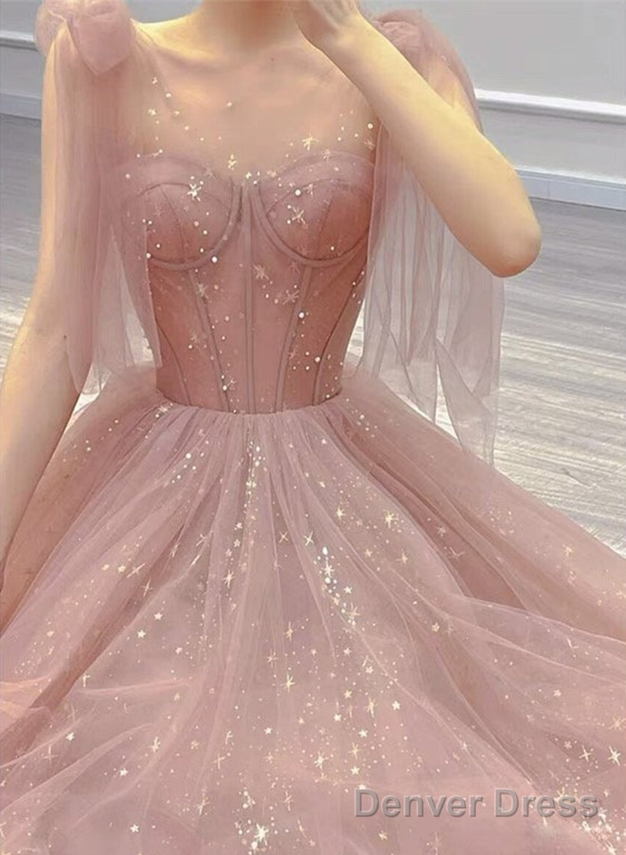 Pink Tulle Sweetheart Tulle With Pearls A-Line Prom Dress, Pink Long Evening Dress Main image