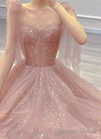 Pink Tulle Sweetheart Tulle With Pearls A-Line Prom Dress, Pink Long Evening Dress
