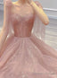Pink Tulle Sweetheart Tulle With Pearls A-Line Prom Dress, Pink Long Evening Dress