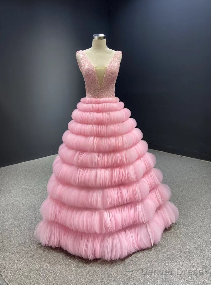 Pink Tulle Tiers V Neck Backless Beading Prom Dresses