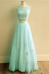 Pink Tulle Two Piece Prom Dresses Lace Crop