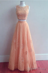 Pink Tulle Two Piece Prom Dresses Lace Crop
