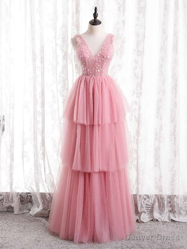 Pink Tulle V Neck Beading Sequins Prom Dresses