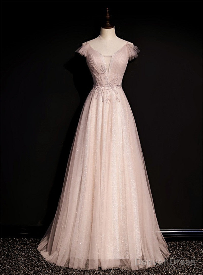 Pink Tulle V Neck Pleats Beading Backless Prom Dresses