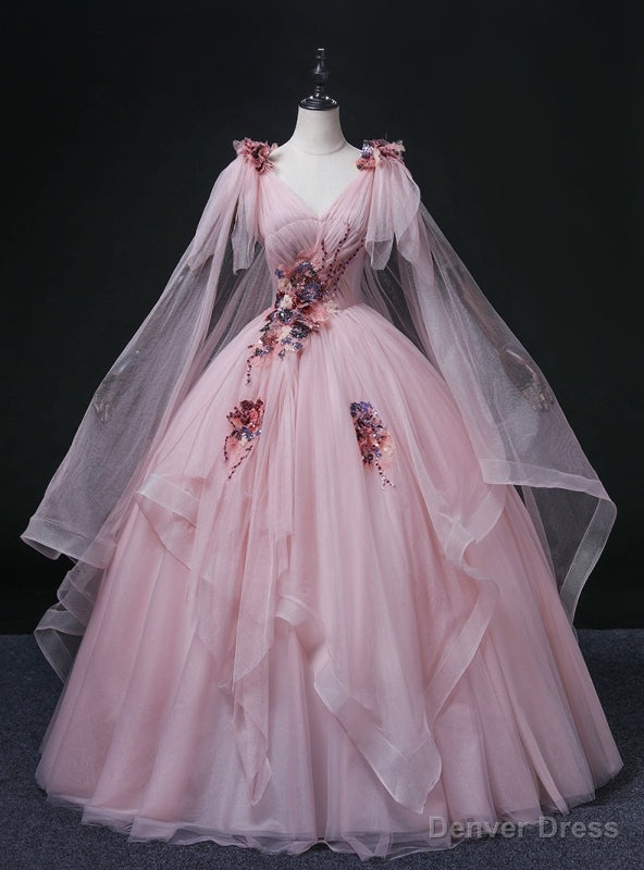 Pink Tulle V Neck Sequins Appliques Quinceanera Dresses