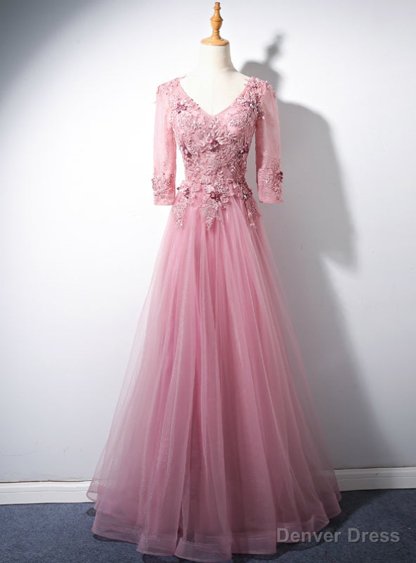 Pink Tulle V Neck Short Sleeve Appliques Beading Prom Dresses