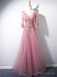 Pink Tulle V Neck Short Sleeve Appliques Beading Prom Dresses