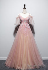 Pink Tulle V-Neckline Off Shouler Chic Long Party Dress, Pink Formal Dress