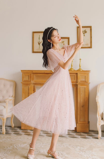 Pink Tulle V-Neckline Tea Length Homecoming Dress, Cute Pink Short Prom Dresses