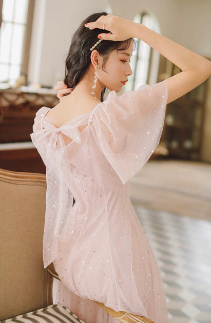 Pink Tulle V-Neckline Tea Length Homecoming Dress, Cute Pink Short Prom Dresses