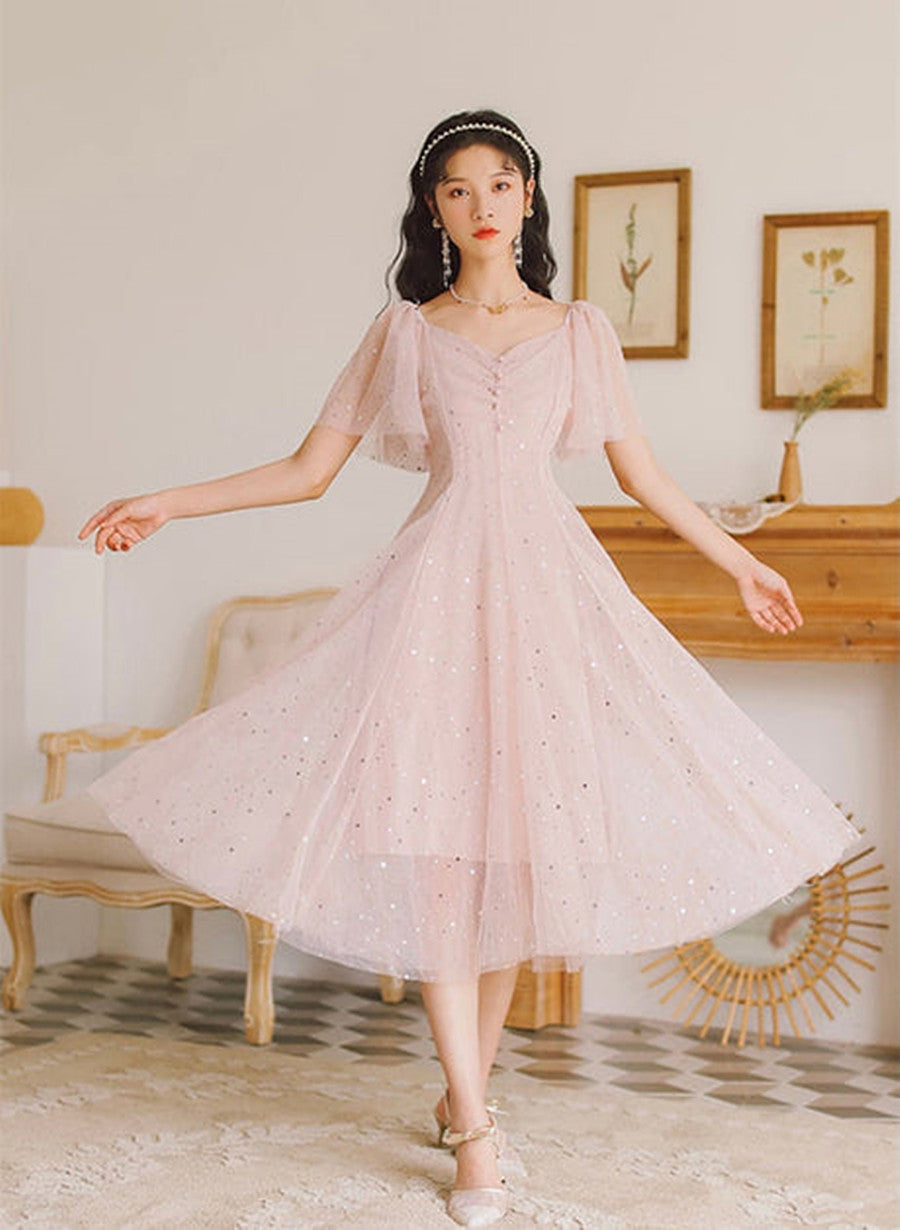 Pink Tulle V-Neckline Tea Length Homecoming Dress, Cute Pink Short Prom Dresses Main image
