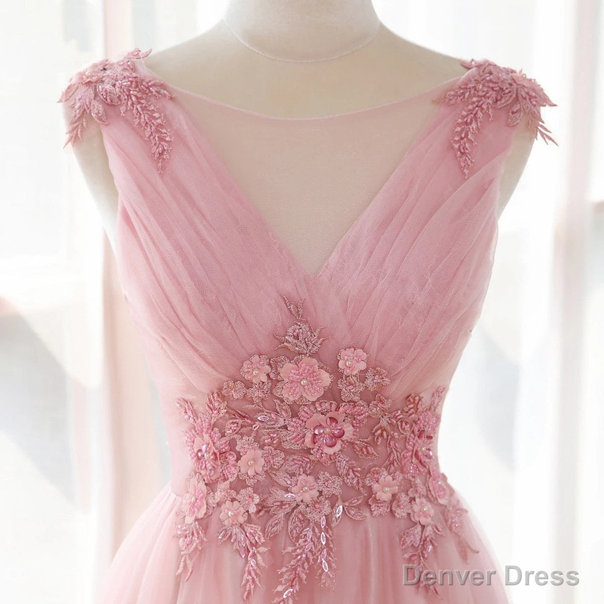 Pink Tulle V-neckline with Lace Long Party Dress, Pink Tulle Prom Dress Secondary image
