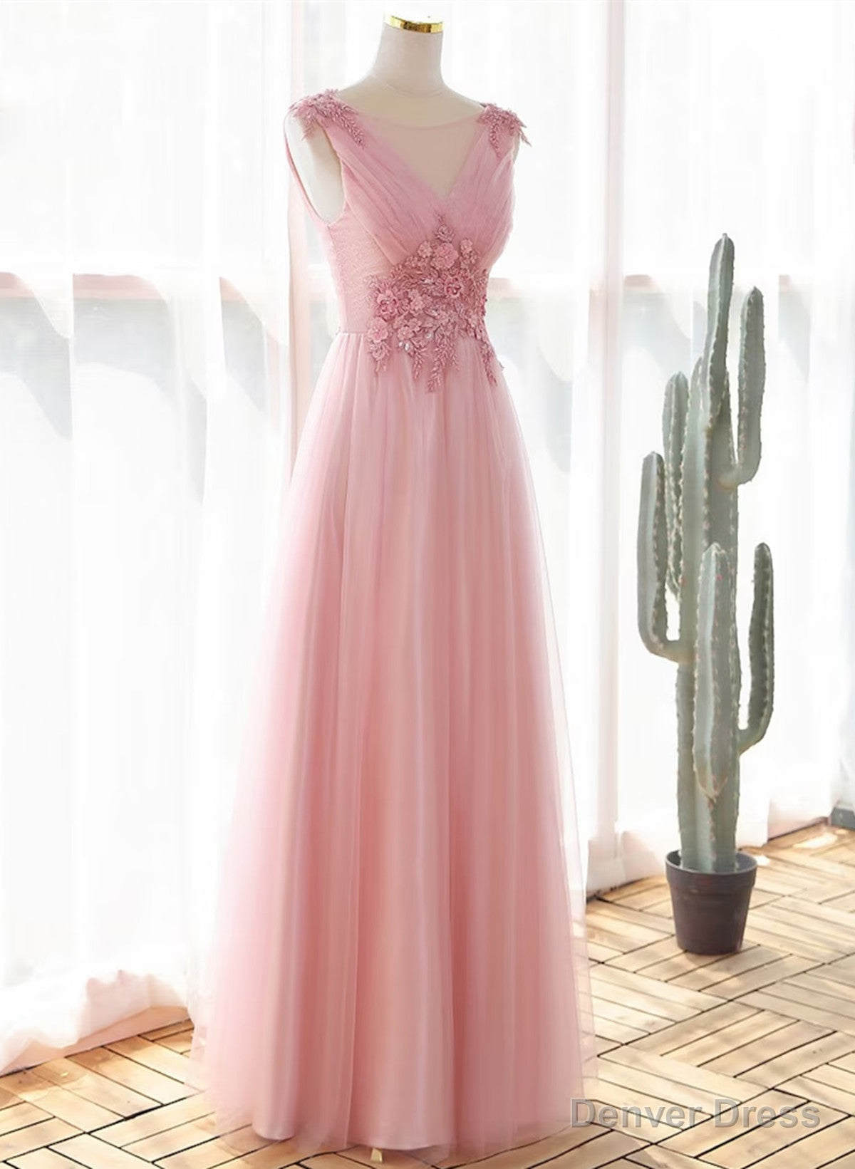 Pink Tulle V Neckline with Lace Long Prom Dress, Pink Tulle Prom Dresses
