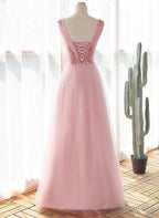 Pink Tulle V Neckline with Lace Long Prom Dress, Pink Tulle Prom Dresses