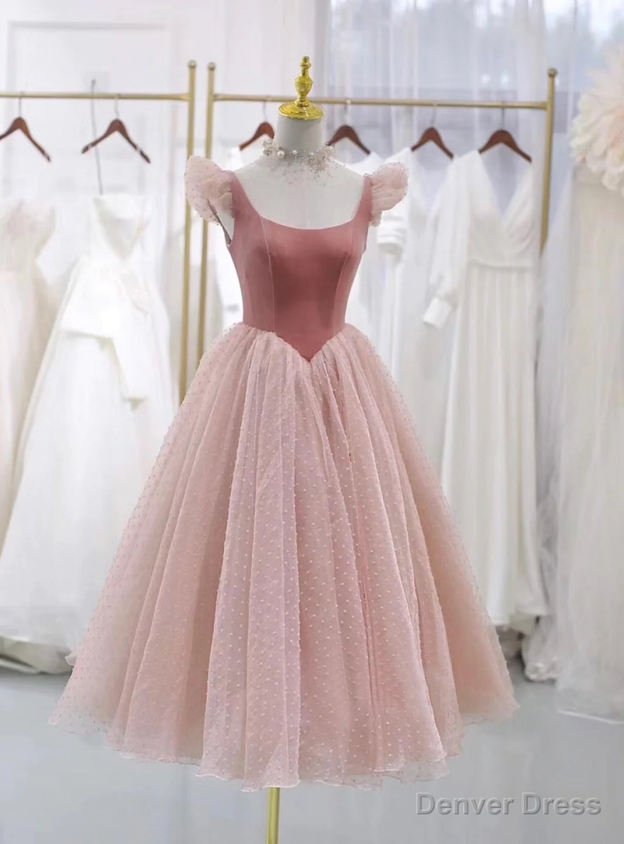 Pink Tulle Velvet Straps Prom Dresses Main image