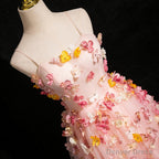 Pink Tulle with Flowers Sweetheart Straps Long Prom Dress, Pink Tulle Prom Dresses