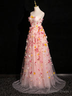 Pink Tulle with Flowers Sweetheart Straps Long Prom Dress, Pink Tulle Prom Dresses