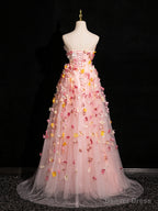 Pink Tulle with Flowers Sweetheart Straps Long Prom Dress, Pink Tulle Prom Dresses