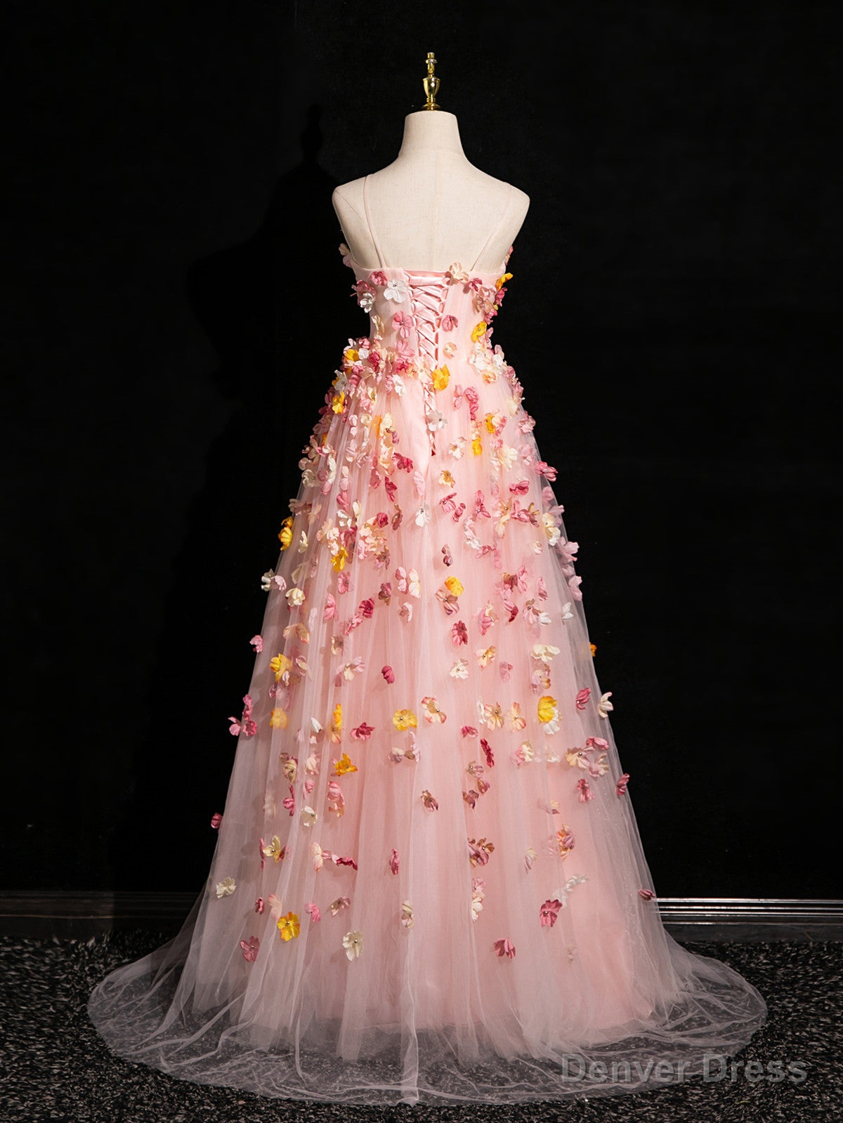 Pink Tulle with Flowers Sweetheart Straps Long Prom Dress, Pink Tulle Prom Dresses