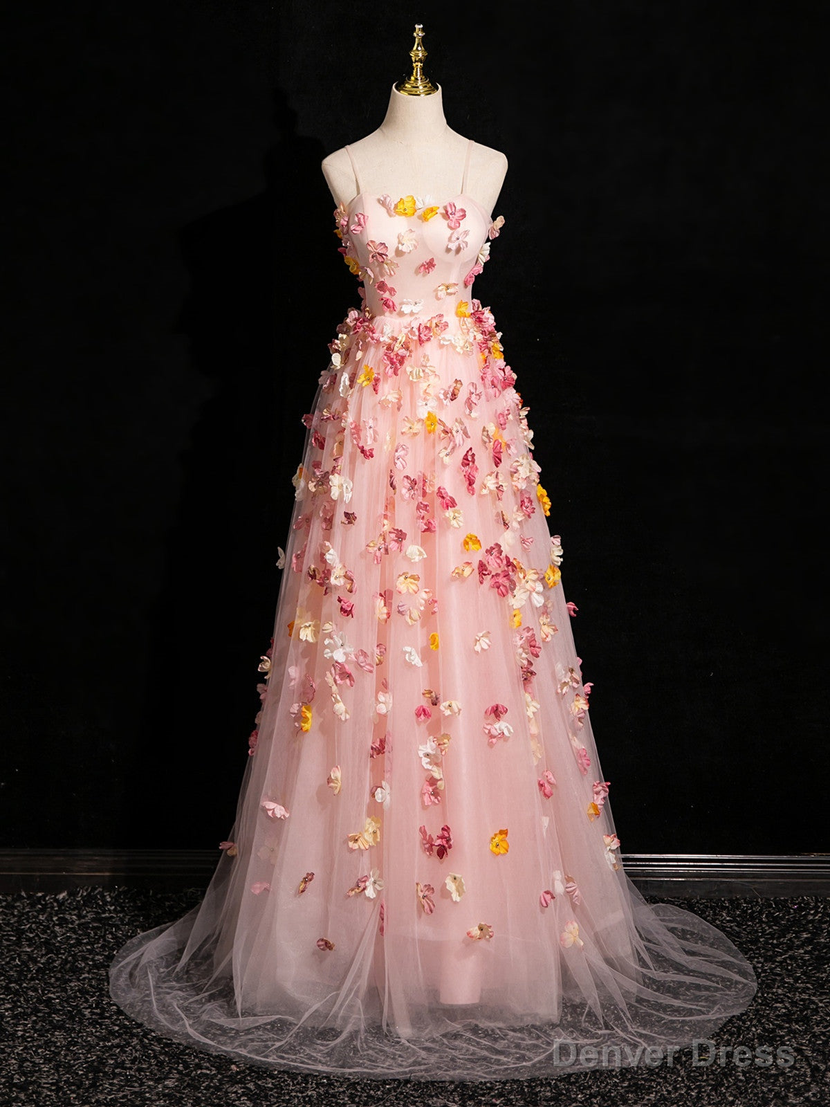 Pink Tulle with Flowers Sweetheart Straps Long Prom Dress, Pink Tulle Prom Dresses Main image