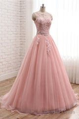 Pink Tulle With Lace Applique Ball Gown Open Back Evening Gown, Pink Formal Dress
