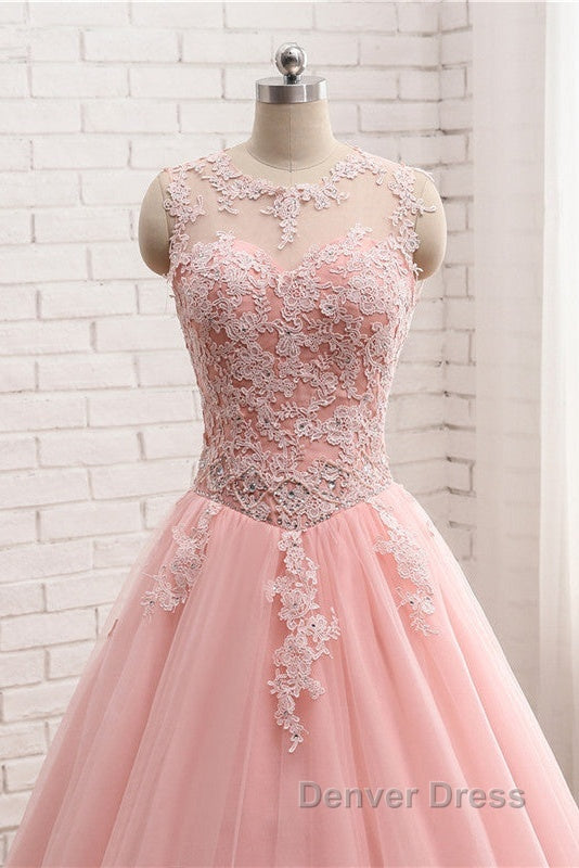 Pink Tulle With Lace Applique Ball Gowns Open Back Prom Gowns, Pink Prom Dresses