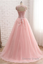 Pink Tulle With Lace Applique Ball Gowns Open Back Prom Gowns, Pink Prom Dresses