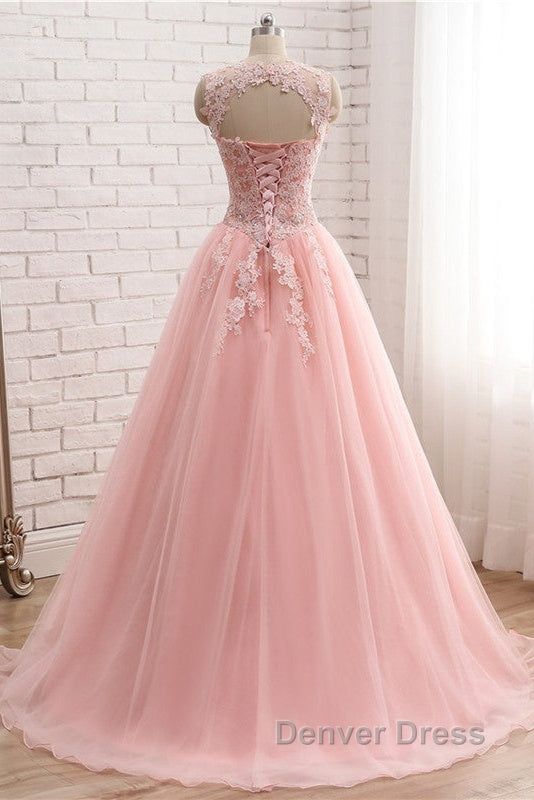 Pink Tulle With Lace Applique Ball Gowns Open Back Prom Gowns, Pink Prom Dresses
