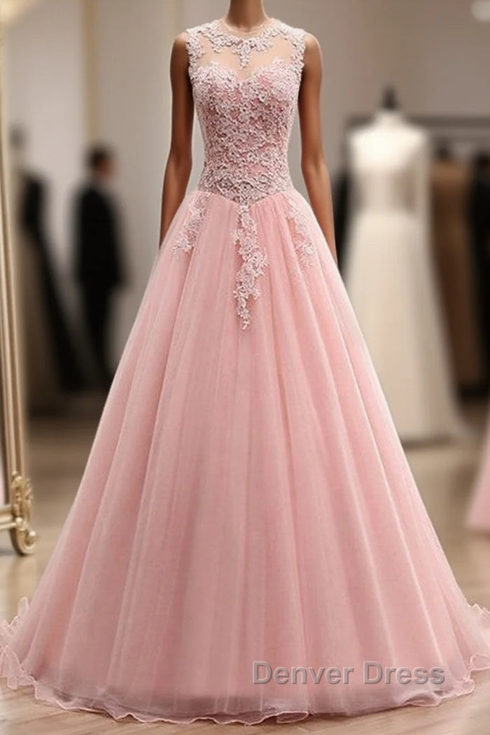 Pink Tulle With Lace Applique Ball Gowns Open Back Prom Gowns, Pink Prom Dresses