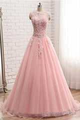 Pink Tulle With Lace Applique Ball Gown Open Back Evening Gown, Pink Formal Dress