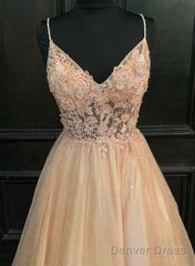 Pink Tulle With Lace Applique Beaded V-Neckline Prom Dress, Pink Long Party Dress