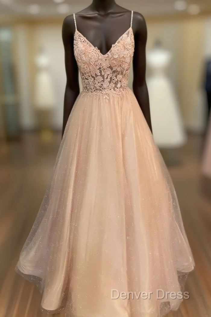 Pink Tulle With Lace Applique Beaded V-Neckline Prom Dresses, Pink Long Party Dresses Main image