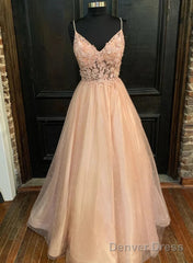 Pink Tulle With Lace Applique Beaded V-Neckline Prom Dress, Pink Long Party Dress